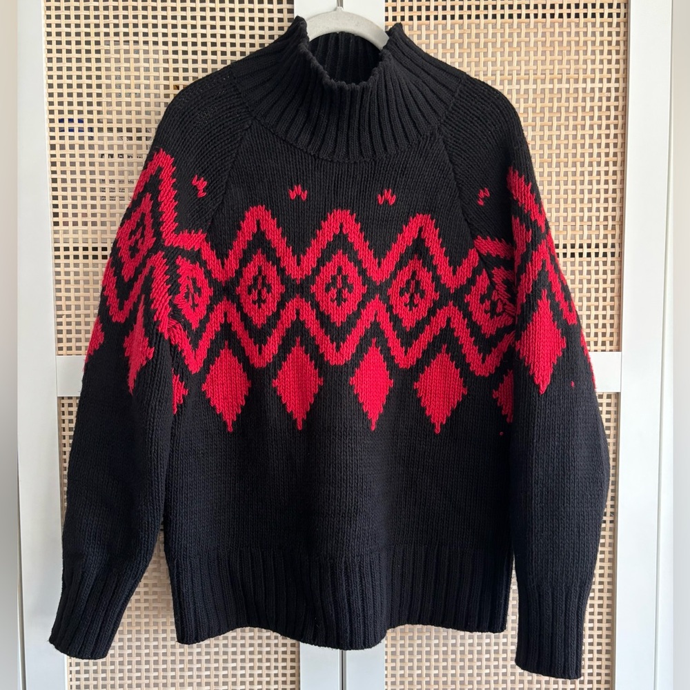 Banana Republic Skye Fair Isle Funnel Neck Wool Sweater (Merino/Yak) — Black/Red